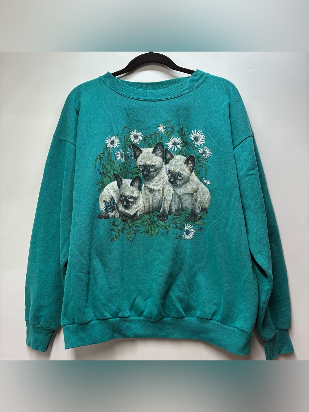 Vintage 90s Siamese Kittens Butterfly Cats Flowers Large Crewneck Cotton Grove
